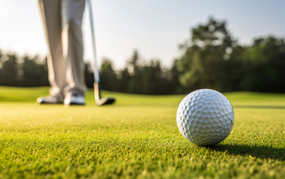 Golf player in the background and ball on the grass close-up